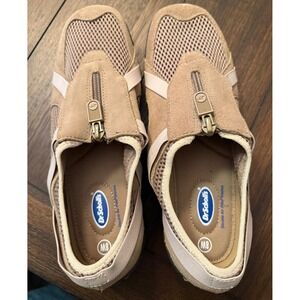Dr Scholls Womens 8W Tan Mesh Suede Zip Front Walking Shoes Sneakers Comfort